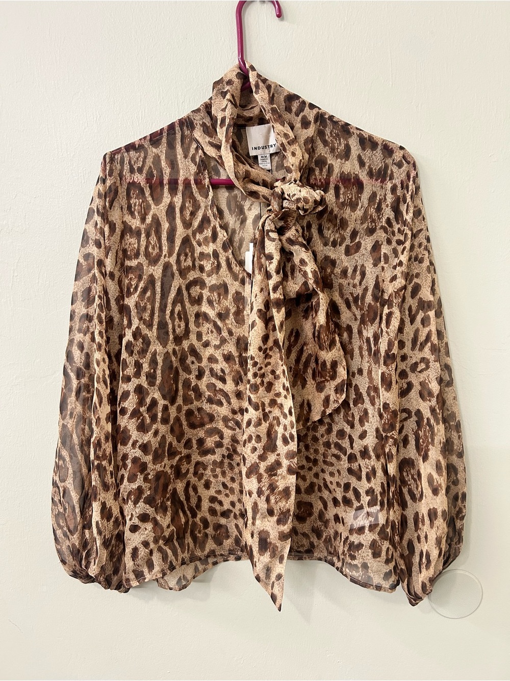 Industry Sheer Leopard Print Tie-Neck Blouse Sz M NWT